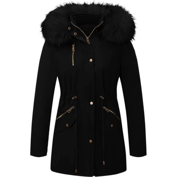 Women Twill Parka Jacket Winter Warm Long Hood Coat with Faux Fur Collar